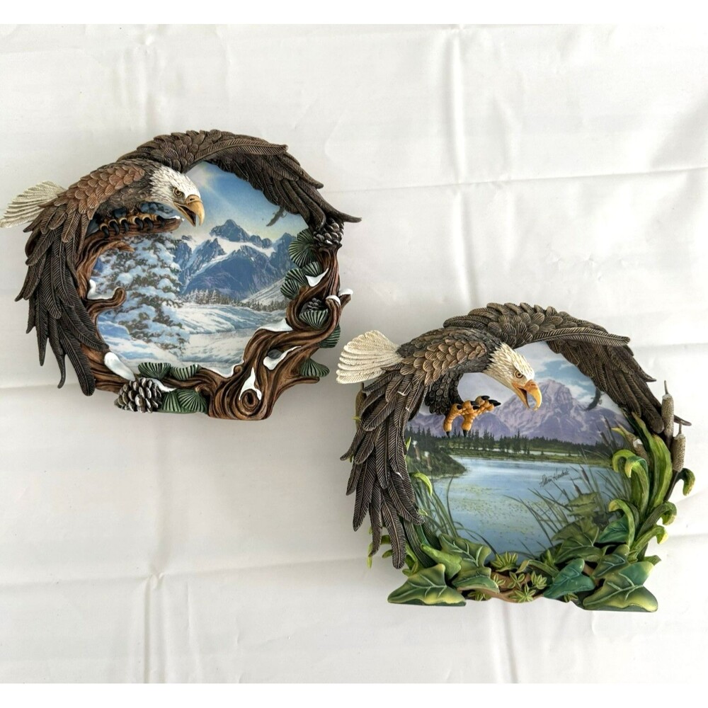 2 Hamilton Collection Summers Glory & Winter Solstice Bald Eagle 3D Decor Plates